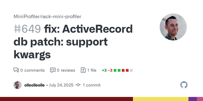 This PR repairs rack-mini-profiler&#39;s patch to ActiveRecord, adding support for keyword arguments, too.
Details
Before Ruby 2.7, *args, &amp;blk would mean &quot;all args&quot;, but with the adv...