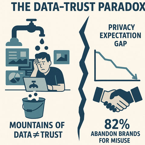 Infographic titled "THE DATA-TRUST PARADOX" showing a split-screen contrast. On the left, a stressed man sits in front of a laptop with overflowing data visualizations and a leaking faucet dripping into a nearly full bucket. Text below reads: "MOUNTAINS OF DATA ≠ TRUST." On the right, a broken line divides the image, leading to a declining graph and a handshake icon. Text reads: "PRIVACY EXPECTATION GAP" and "82% ABANDON BRANDS FOR MISUSE."