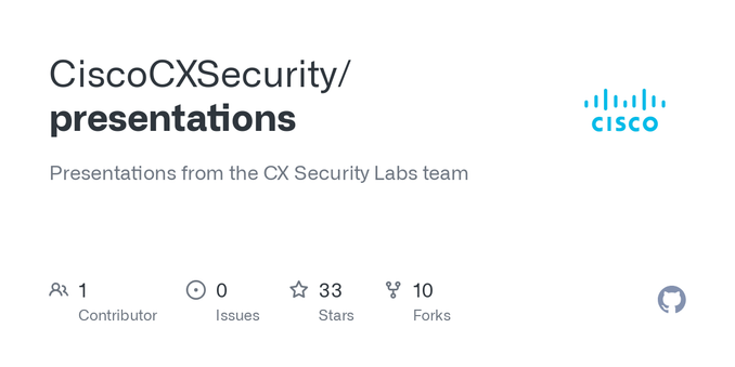 Presentations from the CX Security Labs team. Contribute to CiscoCXSecurity/presentations development by creating an account on GitHub.