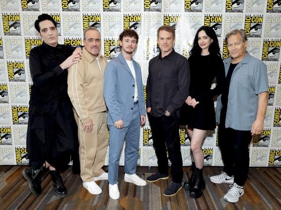 L-R David Dastmalchian, David Zayas, Jack Alcott, Michael C. Hall, Krysten Ritter and James Remar attend Showtime's "Dexter: Resurrection" Press Line during 2025 Comic-Con International: San Diego at Hilton Bayfront on July 25, 2025 in San Diego, California.