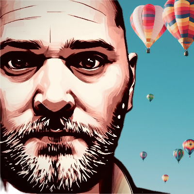 Avatar for matthias: Comic-Stil Porträt eines bärtigen Mannes mit Glatze vor einem Himmel voller bunter Heißluftballons.