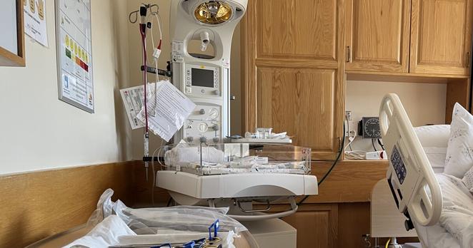 Tools sit on a table in an exam room during a maternal care simulation at Androscoggin Valley Hospital in Berlin.
