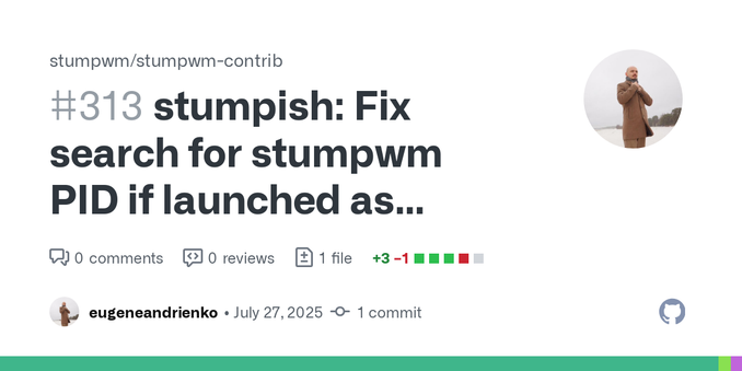 This pull request fixes one specific bug, when stumpish unable to find StumpWM PID if stumpish is executed from StumpWM.
Description of fixed problem
I tried to use stumpish inside StumpWM like thi...