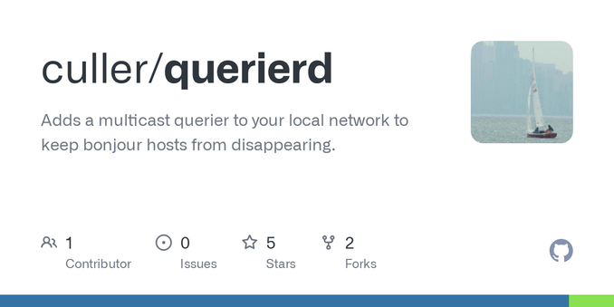 Adds a multicast querier to your local network to keep bonjour hosts from disappearing. - culler/querierd Adds a multicast querier to your local network to keep bonjour hosts from disappearing. - culler/querierd