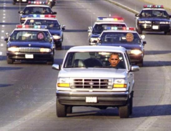 Trump posts meme of himself and JD Vance chasing Obama in OJ’s white Bronco