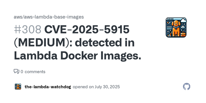 CVE Details CVE ID Severity Affected Package Installed Version Fixed Version Date Published Date of Scan CVE-2025-5915 MEDIUM libarchive 3.7.4-2.amzn2023.0.3 3.7.4-2.amzn2023.0.4 2025-06-09T20:15:2...
