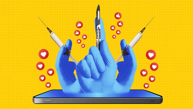 Doctor's gloved hands holding needles and scalpels coming out of a phone