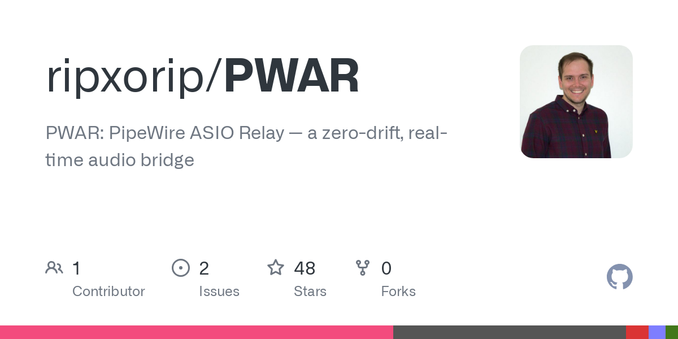 PWAR: PipeWire ASIO Relay — a zero-drift, real-time audio bridge - ripxorip/PWAR