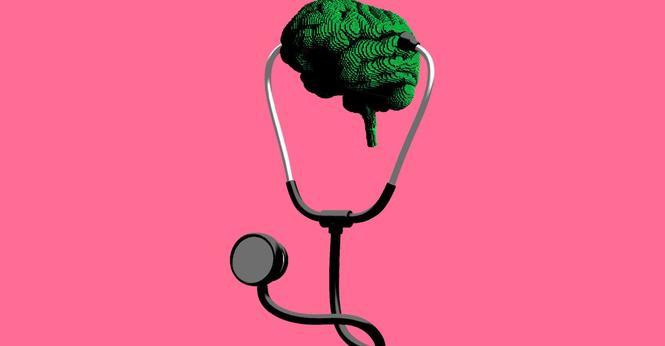 An image of a brain wearing a stethoscope against a pink background