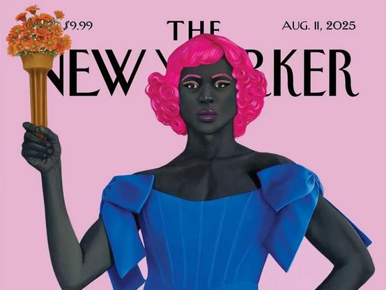 A New Yorker cover showing a painting of a Black woman posing as the Statue of Liberty. She holds a bouquet of flowers in one hand instead of a torch.