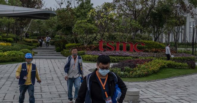 Workers at a TSMC factory in Taiwan in 2023.