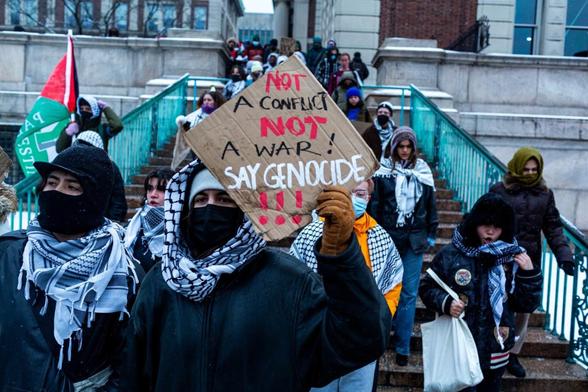 Columbia University Apartheid Divest coalition (CUAD) protest against U.S. attacks on Yemen and the ongoing Israeli genocide in Gaza, outside Columbia University's Low Library on January 19th, 2024 (Photo: Atish Saha)