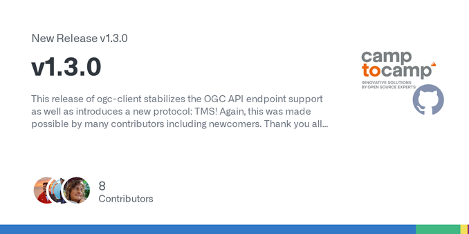 This release of ogc-client stabilizes the OGC API endpoint support as well as introduces a new protocol: TMS! Again, this was made possible by many contributors including newcomers. Thank you all 🙏...