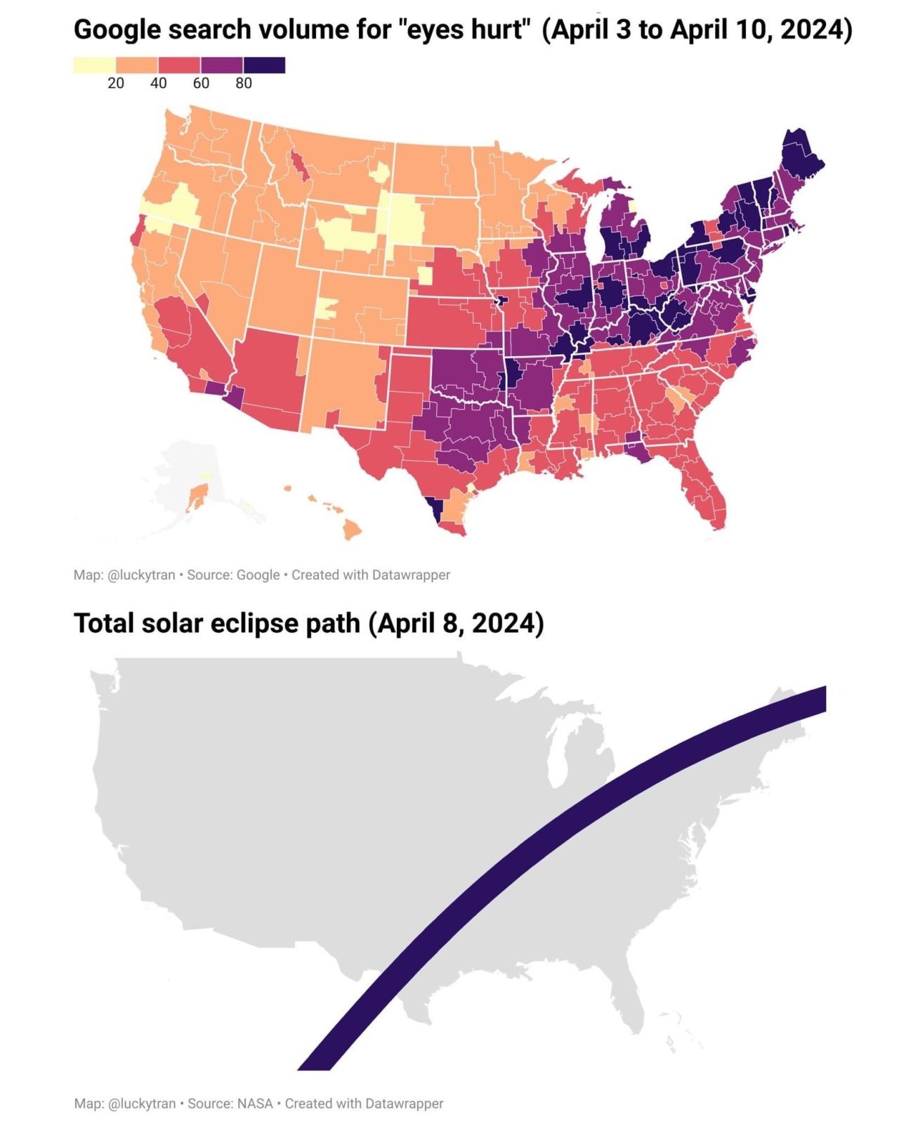 maps - path of solar eclipse 2024 in Lower 48th USA and google search numbers by US county for "eyes hurt"