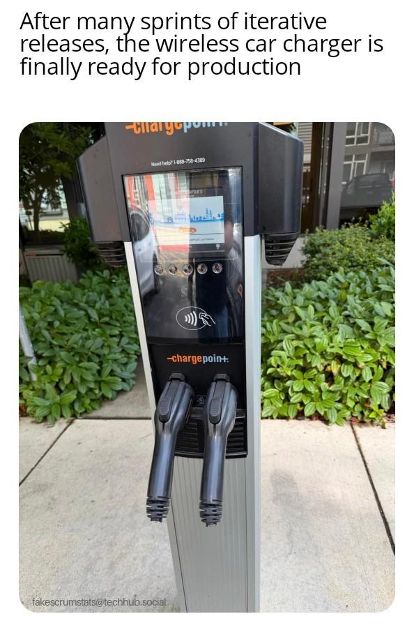 Photo of a commercial car charger with the cords cut off.

Caption: After many sprints of iterative releases, the wireless car charger is finally ready for production