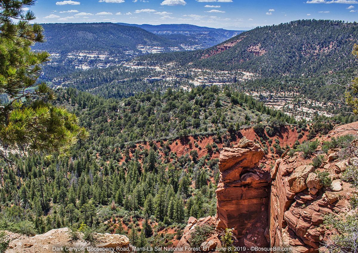 View from a red sandstone ridge down into a forested canyon of both red and white sandstones in interesting layers. Forested ridges and mountains beyond. Hazy blue sky with small clouds.
©BosqueBill.com