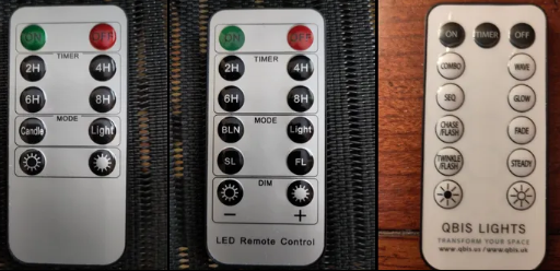 A combined picture of three mini generic remotes with green ON buttons, red off buttons, and many black buttons to control modes and dim on lights.