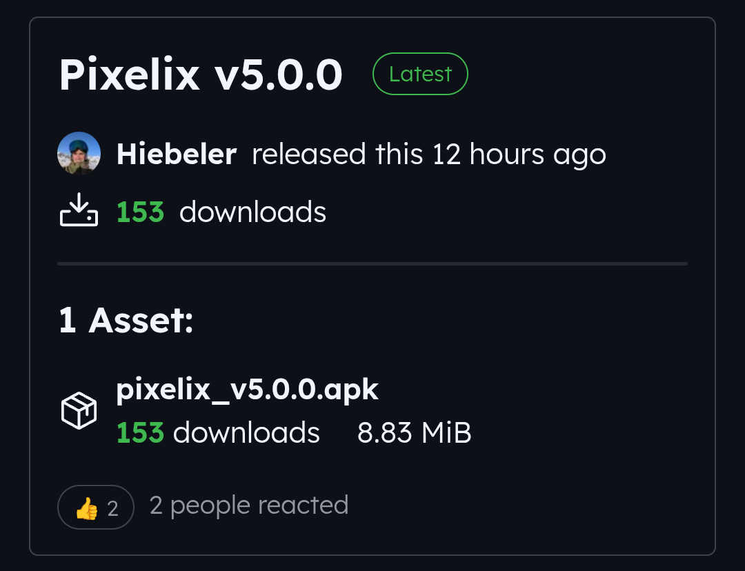 Downloads stats of Pixelix version 5.0.0
Released by Hiebeler
1 Asset: pixelix (8.83 MiB) with 153 downloads