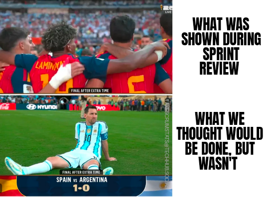 Top frame: Photo of Team Spain celebrating their 2026 World Cup victory m

Caption: What was shown during sprint review

Bottom frame: Photo of Messi sitting on the turf.

Caption: What we thought would be done, but wasn't