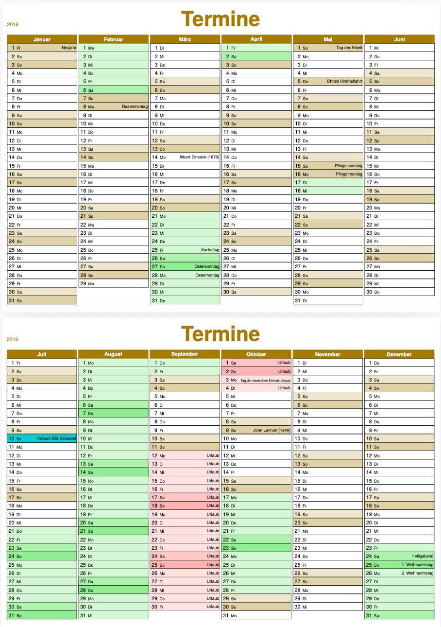 Example of a calendar created with the package