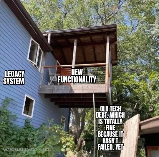 Photo of a house (labeled Legacy system) with a second floor addition (labeled New Functionality) attached to it, which is held up by two bending pieces of lumber (labeled "Old tech debt, which is totally fine because it hasn't failed, yet")