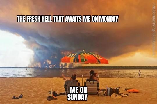 A couple (labeled "Me on Sunday") sitting under an umbrella on the beach watching a wildfire aceoss the water with a sky filled with smoke (labeled "The fresh hell that awaits me on Monday")
