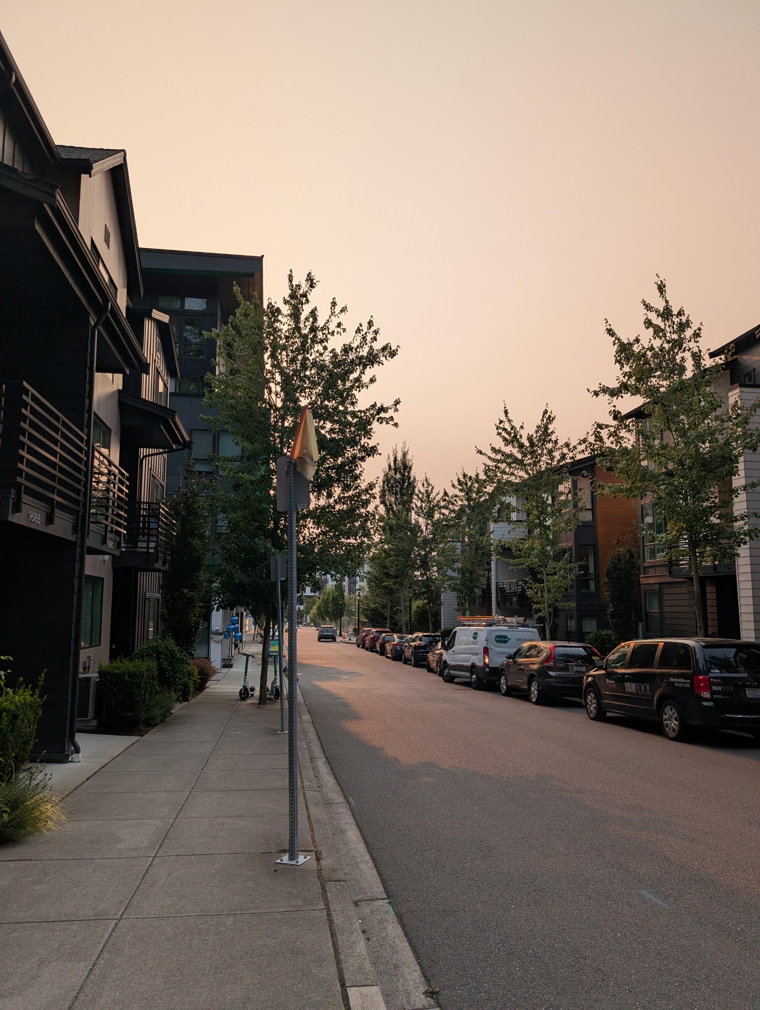 An unaltered photo of the sunrise this morning, with noticeably pink light being cast onto everything. The camera is looking down a street with townhomes and small trees.