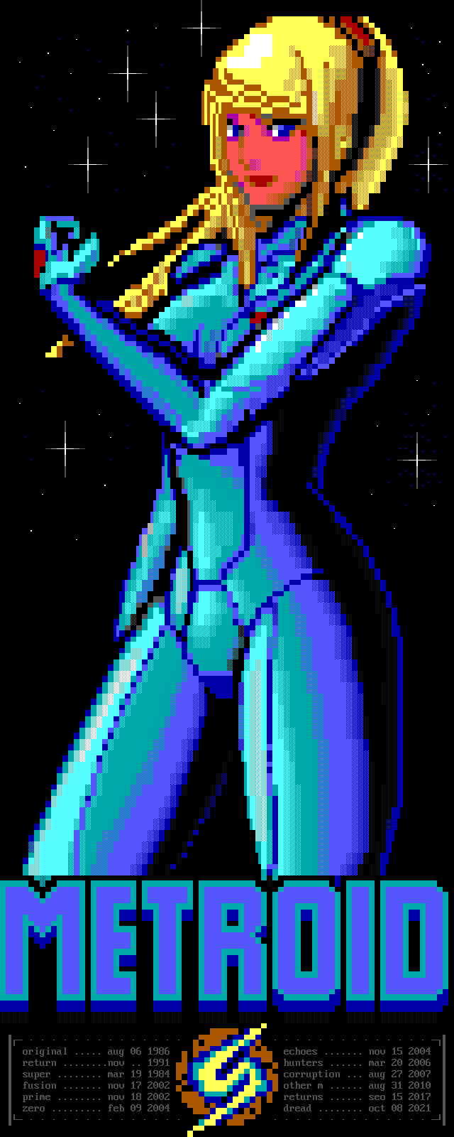 ANSI art of Metroid's Samus in her Zero Suit.