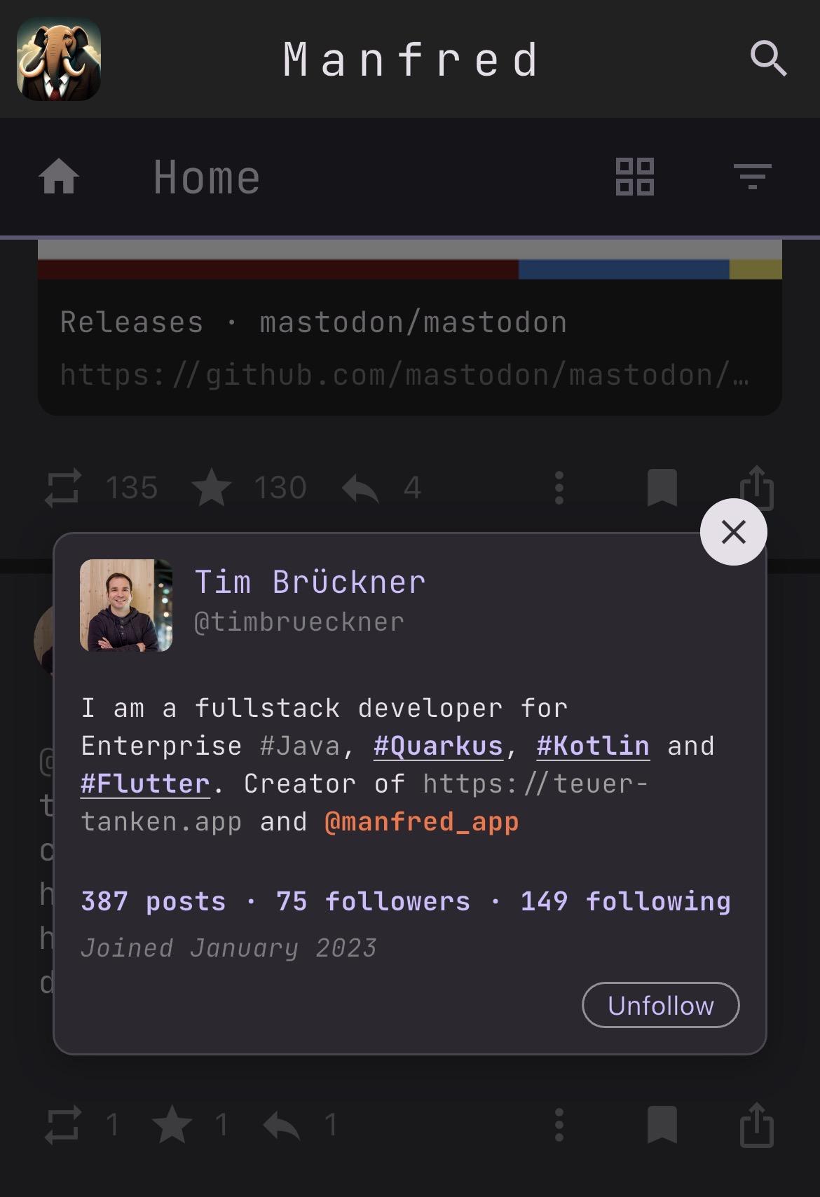 A screenshot of the tooltip feature which would be part of the upcoming release.

It shows how my profile looks like if you long press on my handle.