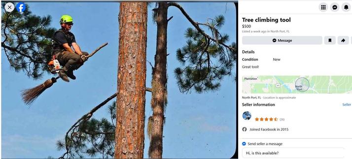 Pictures shows a Guy with a hard hat carrying a chainsaw while he flies a broomstick beside a pine tree.
Ad says tree climbing tool.
Great tool
$500